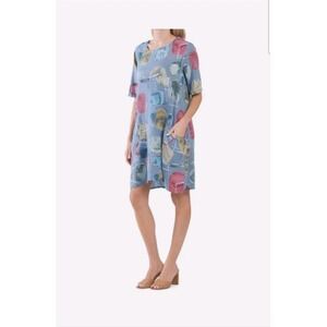 Cristina‎ Vergani Womens Linen Dress Abstract Print  Blue Size Large Art to Wear